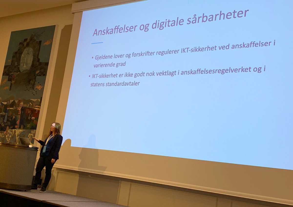 securepractice's tweet photo. Anskaffelsesregelverket kan være et mulig virkemiddel for å stimulere til bedre sikkerhet, forteller @MarieGMoe fra utvalgsarbeidet «IKT-sikkerhet i alle ledd». #DnDSoS https://t.co/weEMu2zYrv