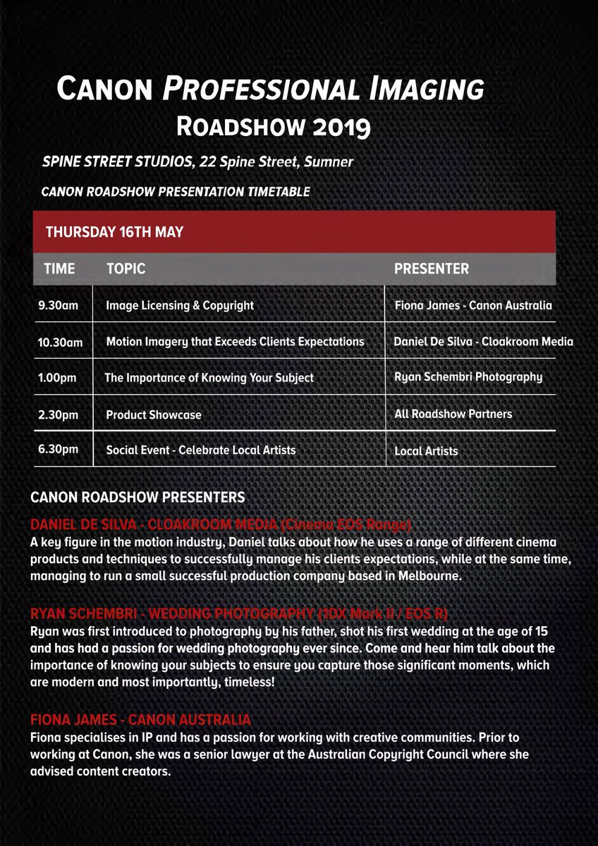 QldACS's tweet photo. You're invited to Canon's Professional Imaging Roadshow 2019. RSVP by May 10th to veronica.fox@canon.com.au https://t.co/N60ZqK86QC