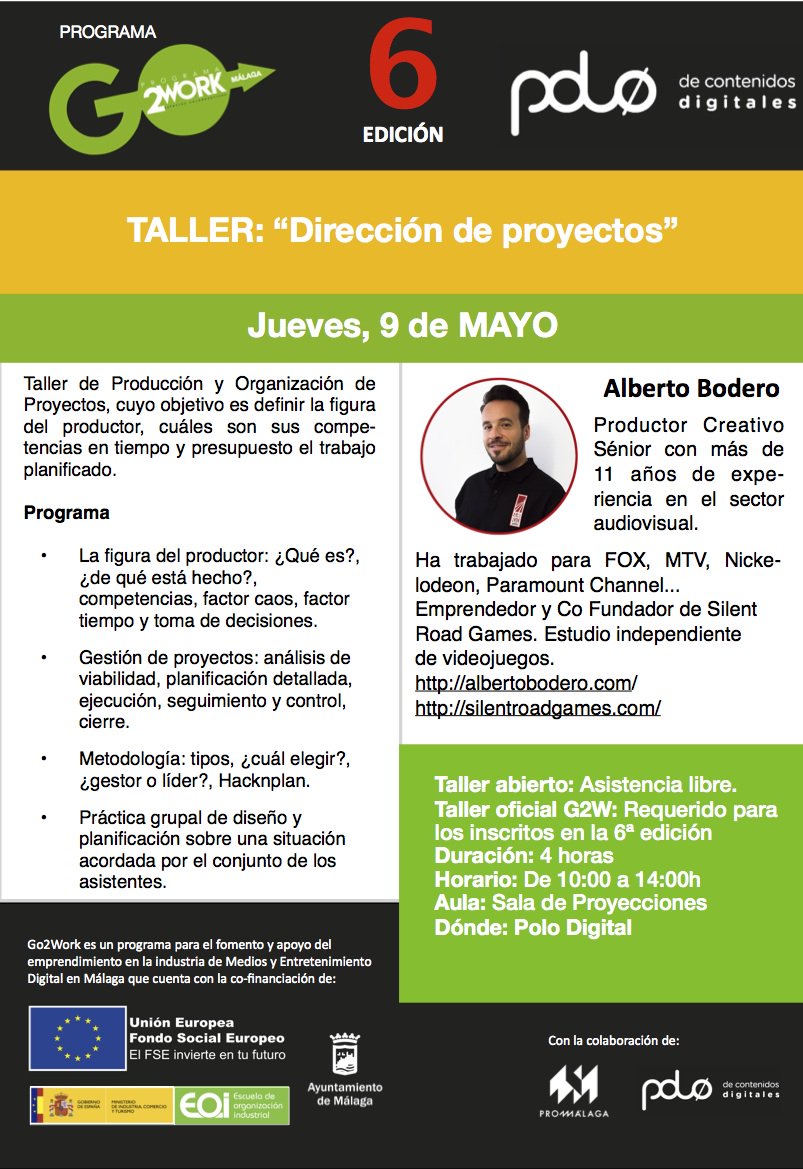 ¿Qué hace un productor? ¿Cuáles son sus funciones? ¿Cómo optimizar al máximo? <a href="/Alberto_bodero/">Alberto Bodero 🎮</a>, Co fundador  de <a href="/SilentRoadGames/">Silent Road Games</a> ha trabajado para FOX, MTV y Nickelodeon. Ven a verlo este jueves 9 de mayo, a las 10h en nuestro taller de <a href="/eoi/">EOI</a> en <a href="/PoloDigitalMLG/">Polo Nacional de Contenidos Digitales</a>