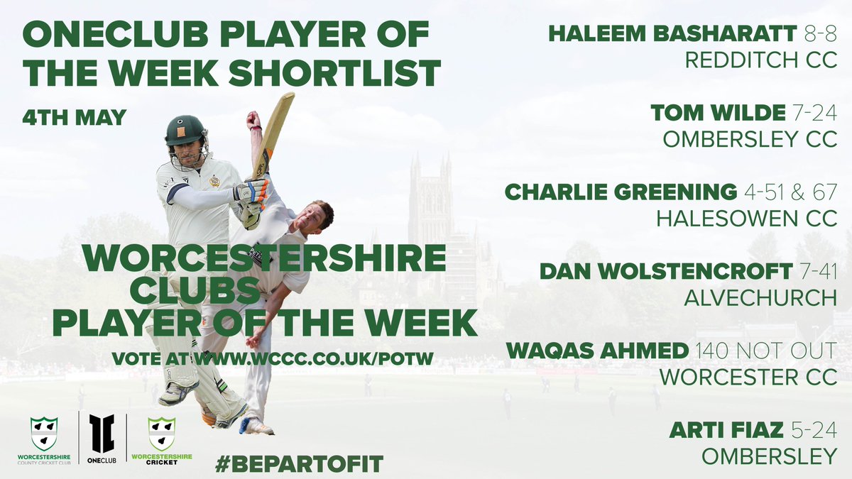 WorcsCCC's tweet photo. #ONECLUB PLAYER OF THE WEEK | Looks like it was a good week for the bowlers across the county as 5 of the 6 shortlisted players for this weeks Player of the Week award have been bowling performances!

✅ Visit https://t.co/nuaFRlv6Si  to vote before 8pm Wednesday https://t.co/QSQ0rYiH5y