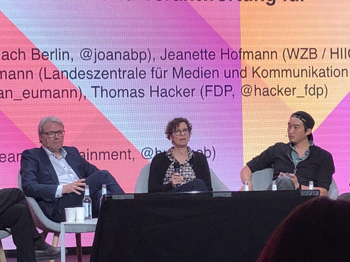 Public participation is not supporting #democracy, says <a href="/achdujeh/">Jeanette Hofmann</a>. We need to find democratic answers to that. <a href="/joanabp/">joana breidenbach</a> thinks society has to mature since culturally there are very different demands today. Lots of freedom and lots of pressure at the same time. #rp19 #mcb19