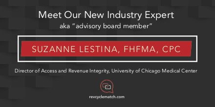 revcyclematch's tweet photo. We want to welcome another new advisory board member, Suzanne Lestina, Director of Access and Revenue Integrity for the University of Chicago Medical Center!
#revcyclematch #partnerships #vendors #providers #solutions #healthcare https://t.co/AHZvds9jWL