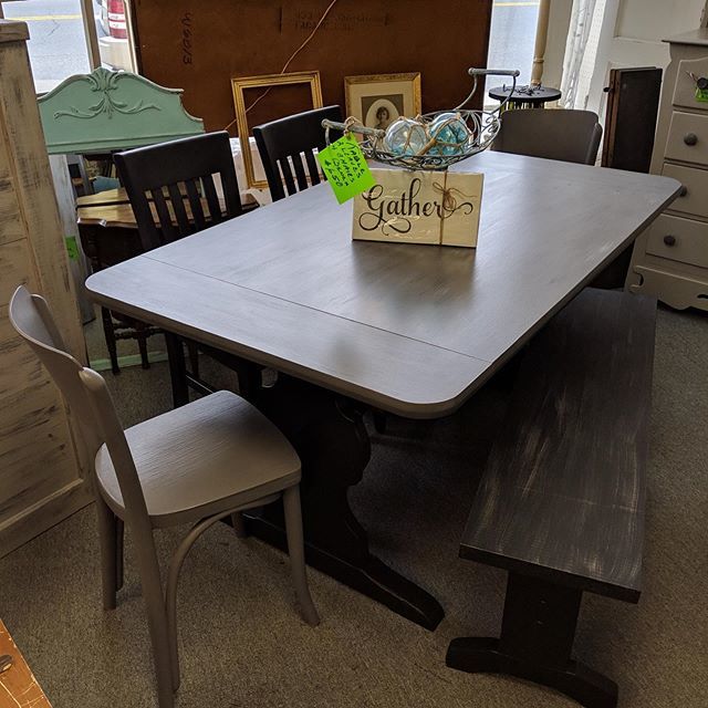 Dining Room Set with 4 chairs, a bench and 2 leafs/leaves...seems either is acceptable. Either way...we have this is the store and it should be in your home! #diningroomset #tableandchairs #vintagetableset #graytableset #shopbelmar #franspaintedfurniture