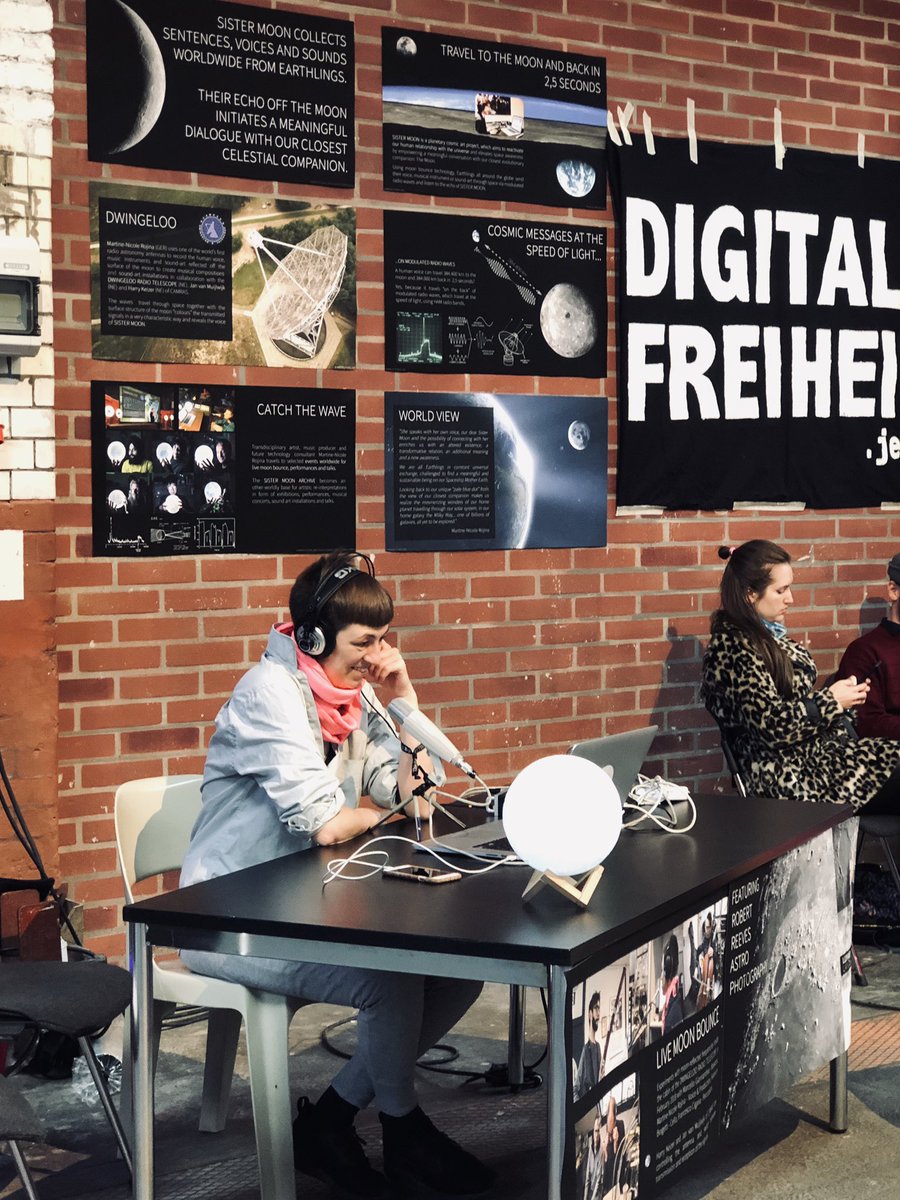 ra_lf's tweet photo. I just sent my voice about 700,000 km to the Moon 🎤🎧📡🌓 and back and you can do to with the help of the very simpatico Martine from #mpathy / #sistermoon and the nice guys from @radiotelescoop in #dwingeloo – #rp19 #newsroom #moon #radio https://t.co/q4BPmTNro1