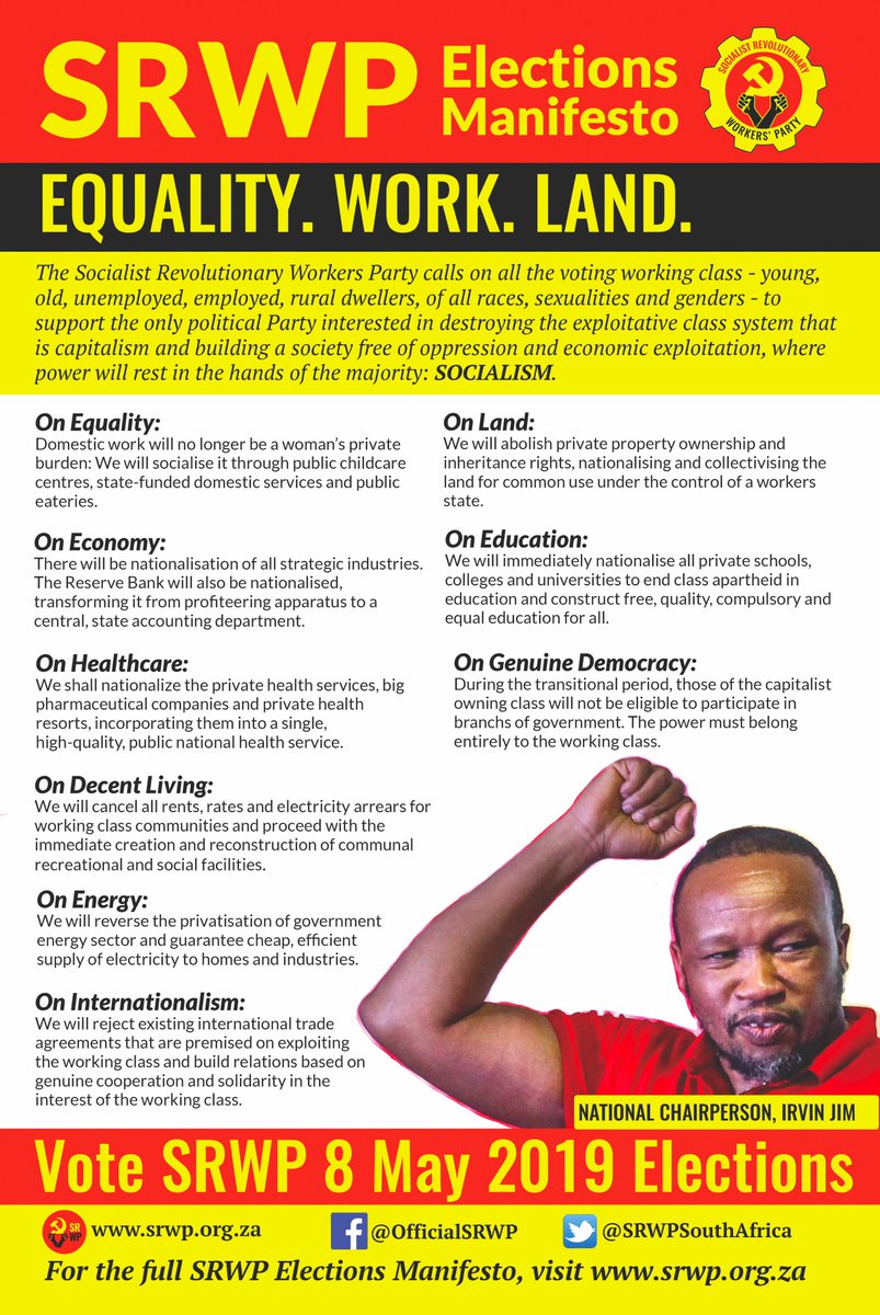 SRWPSouthAfrica's tweet photo. We invite ALL the working class – African, Black & White, men and women, employed and unemployed, working class youths, students, the rural poor, to vote for the SRWP as the only political party that truly represents their interests! For more: https://t.co/c7N97WoCda #VoteSRWP https://t.co/JpE5tud2fT