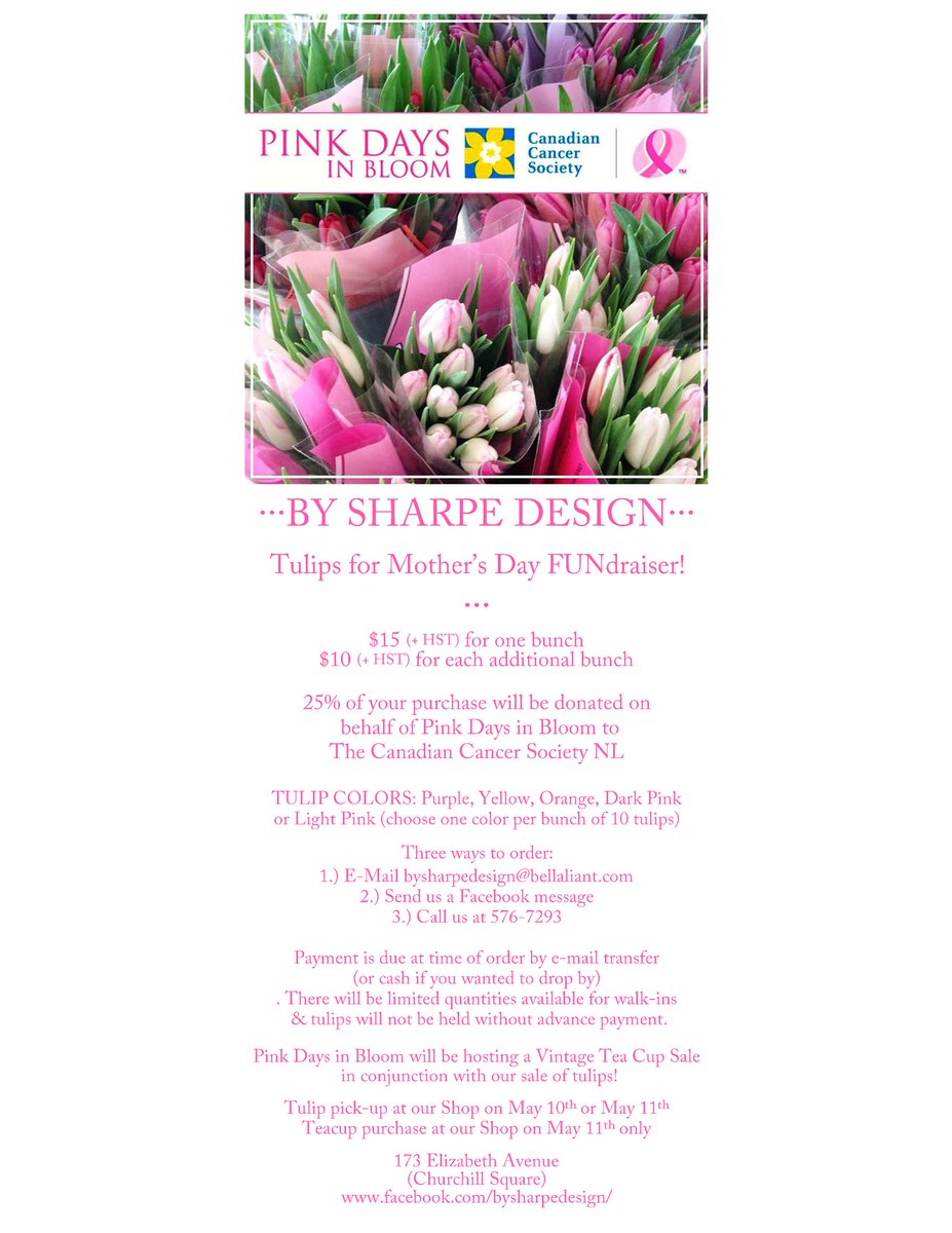LindaPDIB's tweet photo. ππ·π·π·π #PinkDaysInBloom #TulipsAndTeacups For HOPE!
Hey "Bloom-ers!" Last Week To Order Tulips For Pick Up May 10-11 @BySharpeDesign CALL 576-7293 TO PRE-ORDER #SpringCheer for Mother's Day! Teacup Sale Saturday, May 11 Only at BSD #ForAGoodCause Support @CancerSocietyNL https://t.co/QzU9Ls8veE