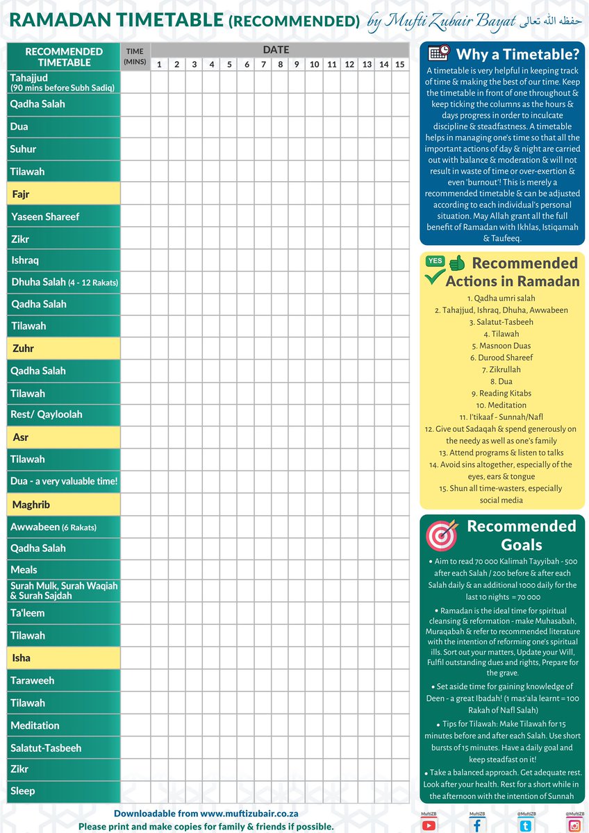 MuftiZB's tweet photo. 💫Ramadan Timetable 💫

A recommended practical timetable for Ramadan to help us all maximise this precious time. Make use of this to manage your time effectively, then be strict to stick to it!

PDF version can be downloaded from:

https://t.co/VvRUIonIAq https://t.co/ezwRx9t6C9