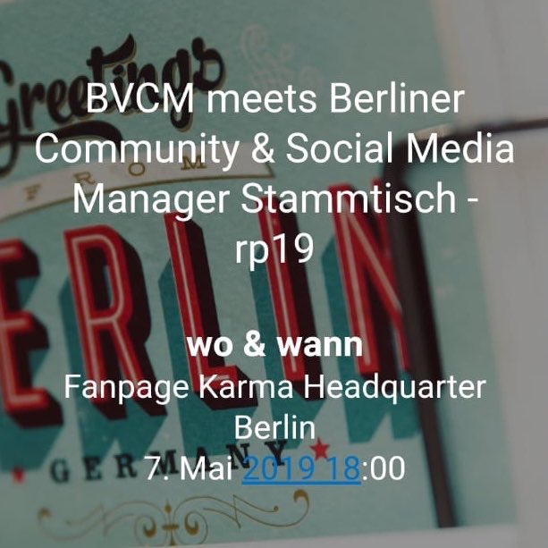 Heute Abend geht’s rund. Alle die ein Ticket haben kommen zu FanpageKarma in die Oranienstraße 188! #CMBln Versehentlich wurde eine Absage versendet, die einfach mal gekonnt ignorieren :). #rp19 @BVCM