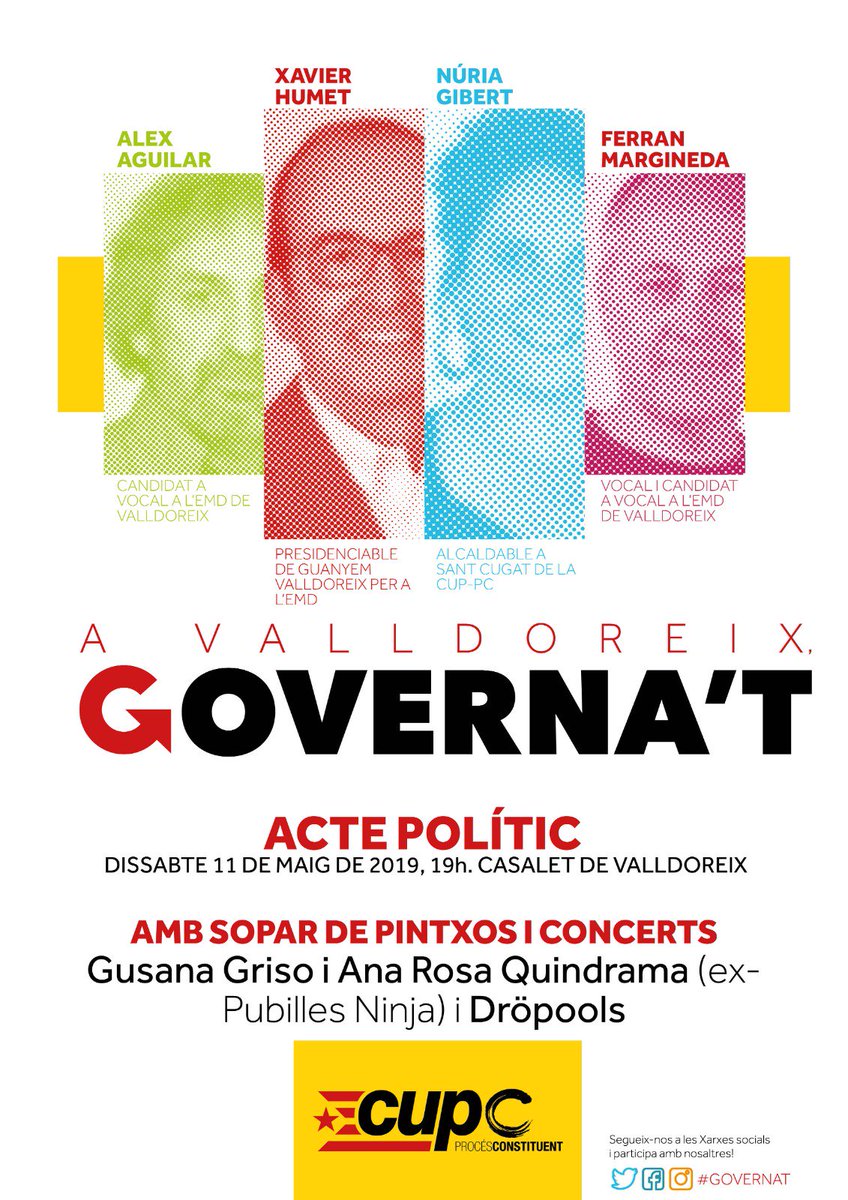 No et perdis aquest acte de campanya a #Valldoreix amb els candidats a vocals i presidenciable per <a href="/guanyem_vdx/">Guanyem Valldoreix</a> i l'alcaldable a #SantCugat @lanudenu! A més, sopar i música en directe, us hi esperem!

#Municipals2019STC #GOVERNAT