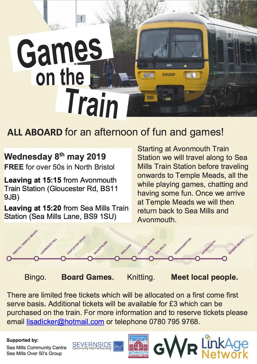 All onboard for our Games on the train! 

Come and join us tomorrow for a fun afternoon playing games and meeting local people.

Meeting at15:15, at Avonmouth train station.