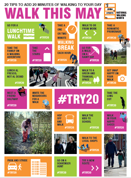 MeltonSportHA's tweet photo. Don't forget May is #nationalwalkingmonth! There are lots of different ways to fit more walking into your day, see the top 20 different ways in the poster below and give them a go! #walktowalk #walktoschool #try20 https://t.co/l87TVfMjRF https://t.co/aagSCt3Dhe