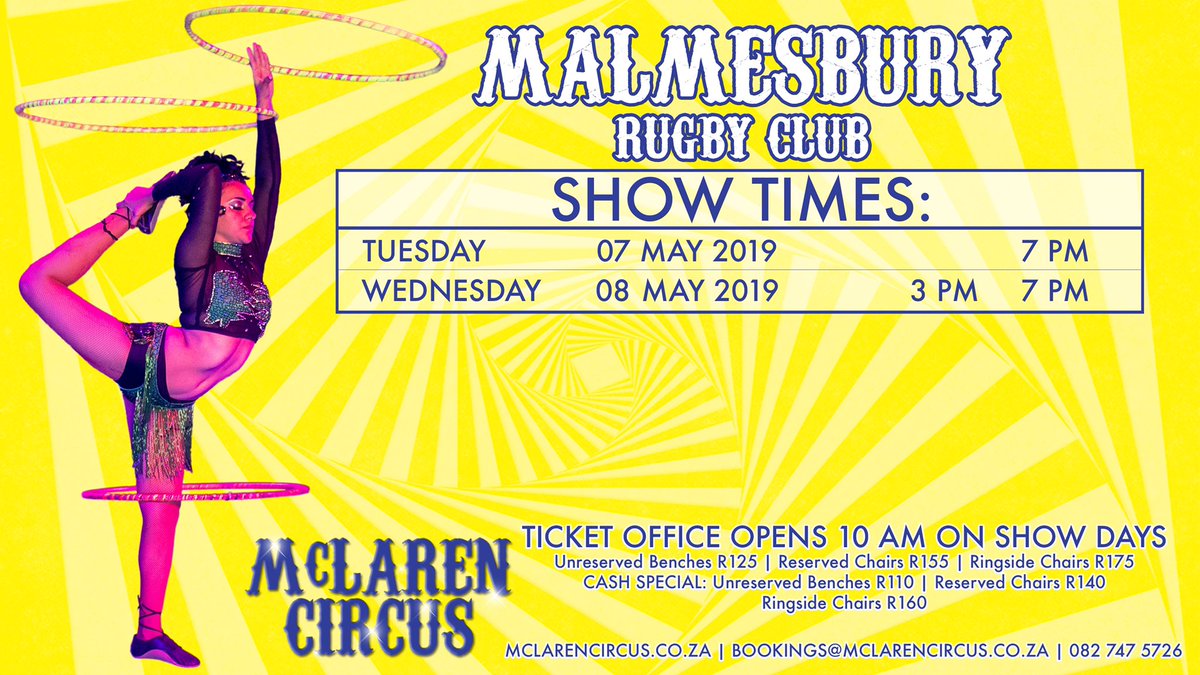 mclarenscircus's tweet photo. Don't miss #McLarenCircus Amazing 2019 Opening Show in #Malmesbury #TONIGHT @ 7pm #Atlantis #Chatsworth #Perdeberg #RiebeekWes #Wesbank #Weskaap #WesternCape Coming next to #Ceres #Moorreesburg #Vredenburg #weskus #swartland #Boland Visit @mclarenscircus #SuidAfrika gunsteling 🎪 https://t.co/61IKyf0jcz