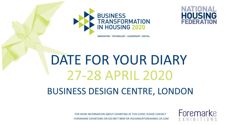 Foremarke's tweet photo. DATE FOR YOUR DIARY! 🎉
Business #TransformationInHousing Conf &amp; Exhib 2020 - 27-28 April at @TheBDC @natfedevents.
The UK’s leading #businesstransformation event for #housingassociations 
Get in touch to know more about exhibiting at this event:  https://t.co/9ajUdz34xO https://t.co/4mGy6uovff