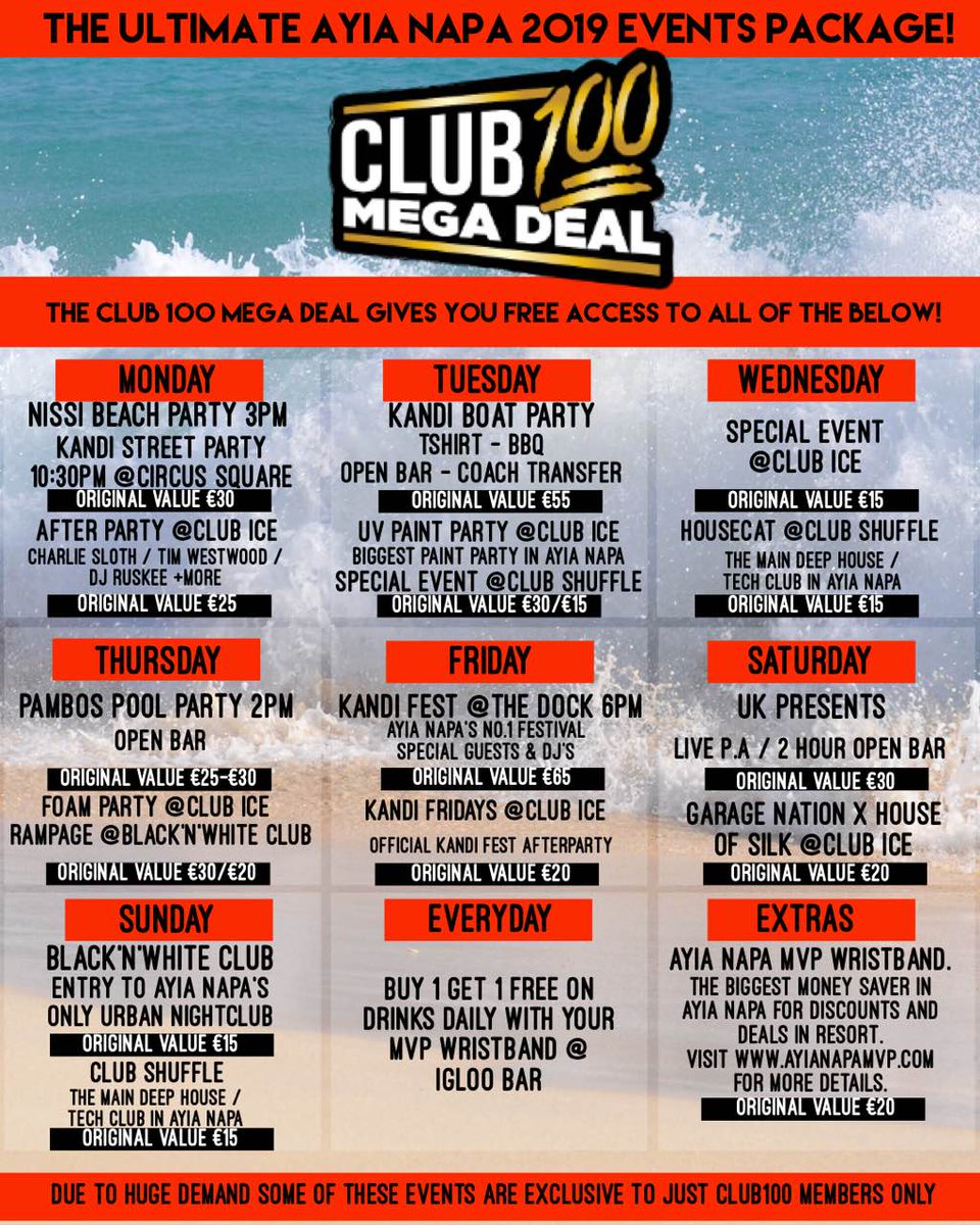 Club100MegaDeal - All week all inclusive pass for all the top events, clubs &amp; parties in Ayia Napa!

Limited Availability

Tickets: Club100AyiaNapa.eventbrite.com