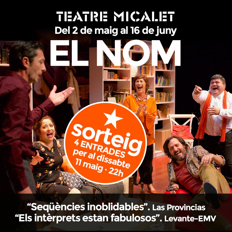 SORTEIG!
Esta setmana també podeu #guanyar entrades per a #ElNom al <a href="/TeatreMicalet/">Teatre Micalet</a>!
Sols heu de #retuitar esta publicació i entrareu en el #sorteig de 2 entrades dobles per a la funció de dissabte 11 maig a les 22h

Animeu-vos! Divendres vos comunicarem si heu estat afortunats.