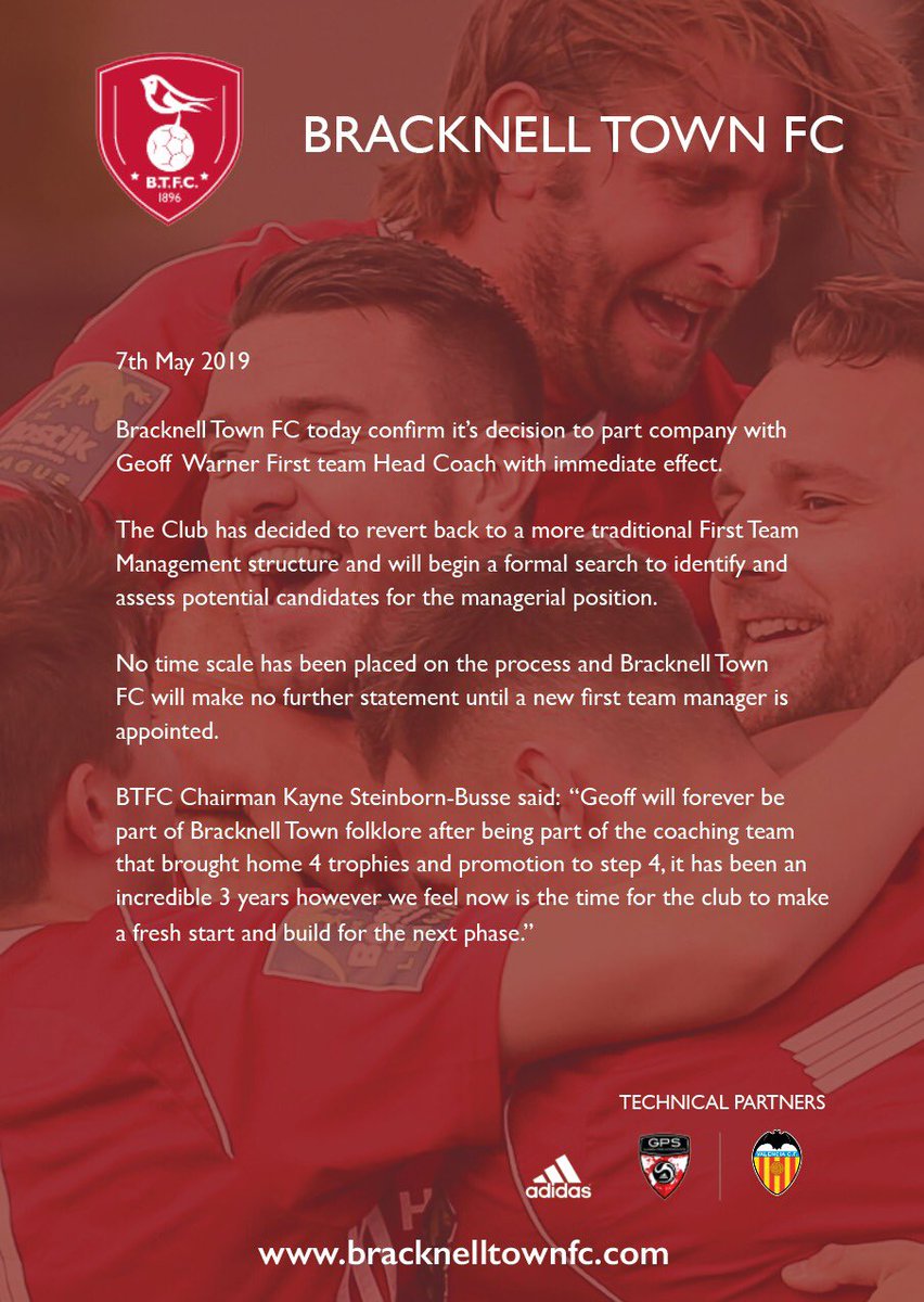 Bracknell Town FC today confirm its decision to part company with Geoff Warner First Team Head Coach with immediate effect.