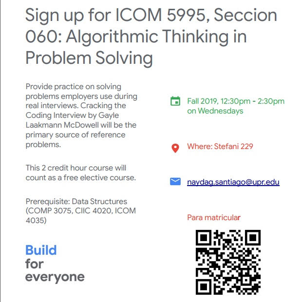 EceUprm's tweet image. Next semester we will be offering the following course; please make sure to enroll during this enrollment period.
#google #problemsolvingcourse #ece #uprm #cahsi #icom