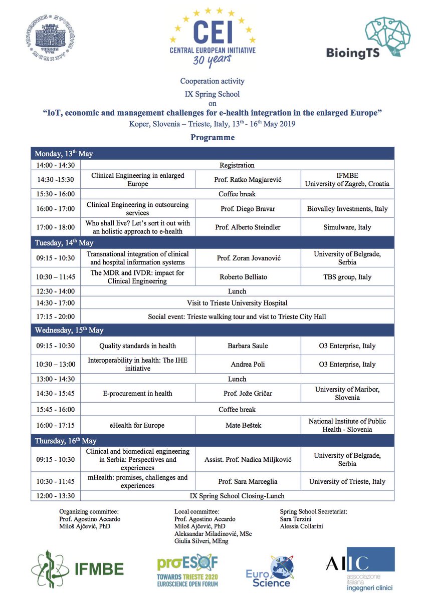 BioingTS (@bioingts) on Twitter photo The spring school in “IoT, economic and management challenges for e-health integration in the enlarged Europe” organized by us and <a href="/UniTrieste/">Università di Trieste</a> in cooperation with <a href="/CEI_Secretariat/">CEI</a> and <a href="/proESOFTrieste/">proESOF 2020 Trieste</a> starts next monday!
#springschool #bioingts #bioing #proesof #cei #ingegneria The spring school in “IoT, economic and management challenges for e-health integration in the enlarged Europe” organized by us and <a href="/UniTrieste/">Università di Trieste</a> in cooperation with <a href="/CEI_Secretariat/">CEI</a> and <a href="/proESOFTrieste/">proESOF 2020 Trieste</a> starts next monday!
#springschool #bioingts #bioing #proesof #cei #ingegneria