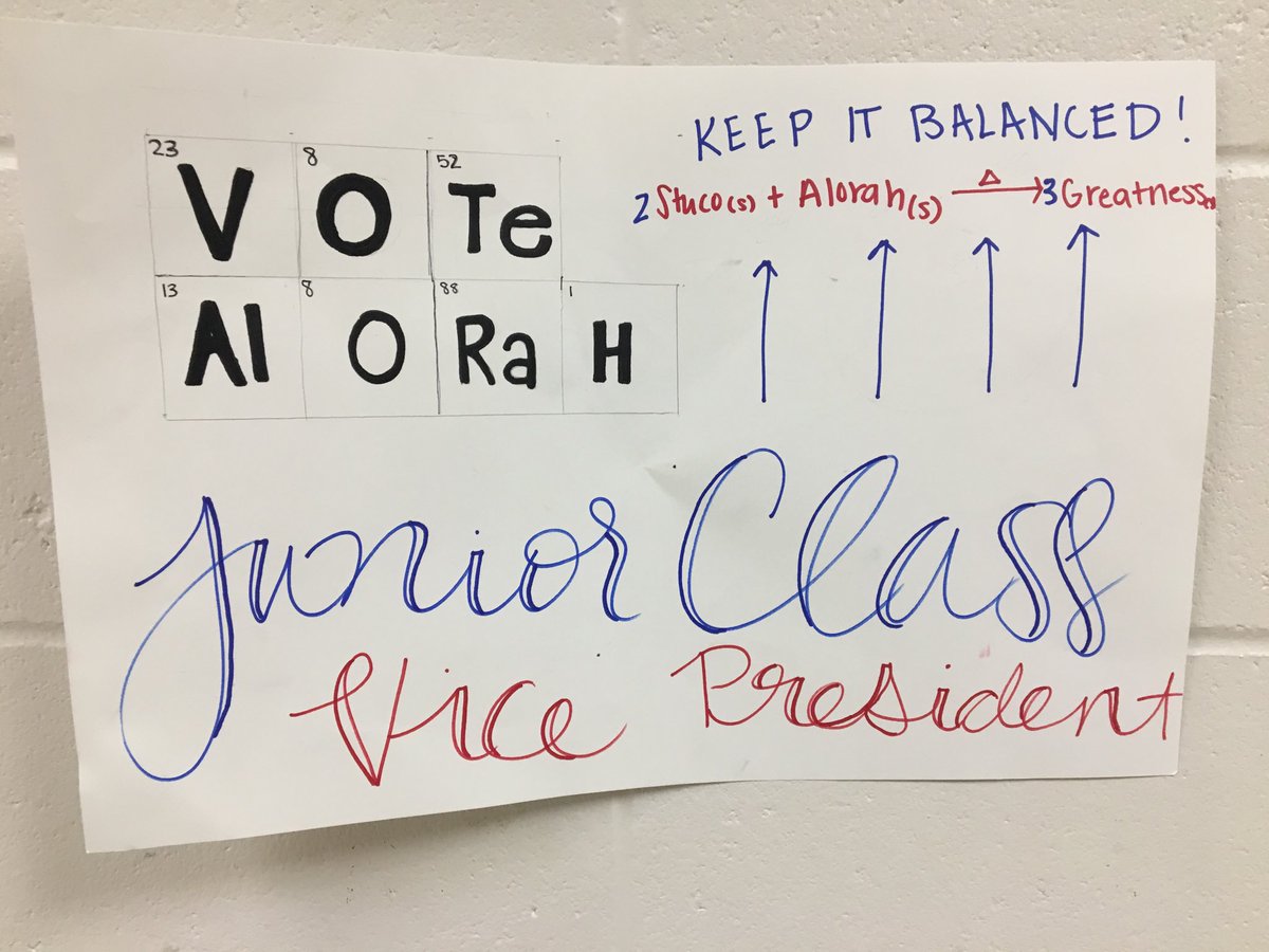 OFHSBeasley's tweet photo. Love this campaign poster made by future AP Chemistry student AJ Cody. It features another future AP Chemistry student Alorah Collier. Good luck Alorah. https://t.co/WU1NhFE08g