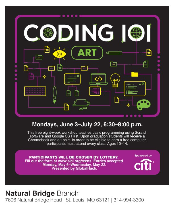 SueBEdwards's tweet image. Do you know a young learner in St. Louis county who is interested in learning to code?  Check out this FREE class at the Natural Bridge Branch of the @SLCL #coding #summerprograms