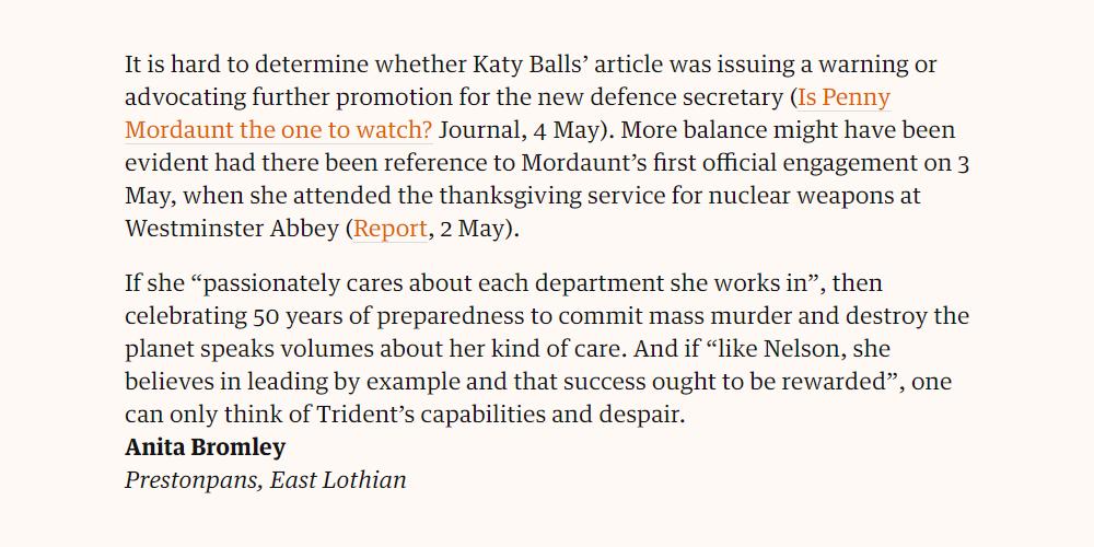 There are some excellent letters in today's <a href="/guardian/">The Guardian</a> about last Friday's nuclear weapons thanksgiving service at Westminster Abbey. #NoThanks4Nukes