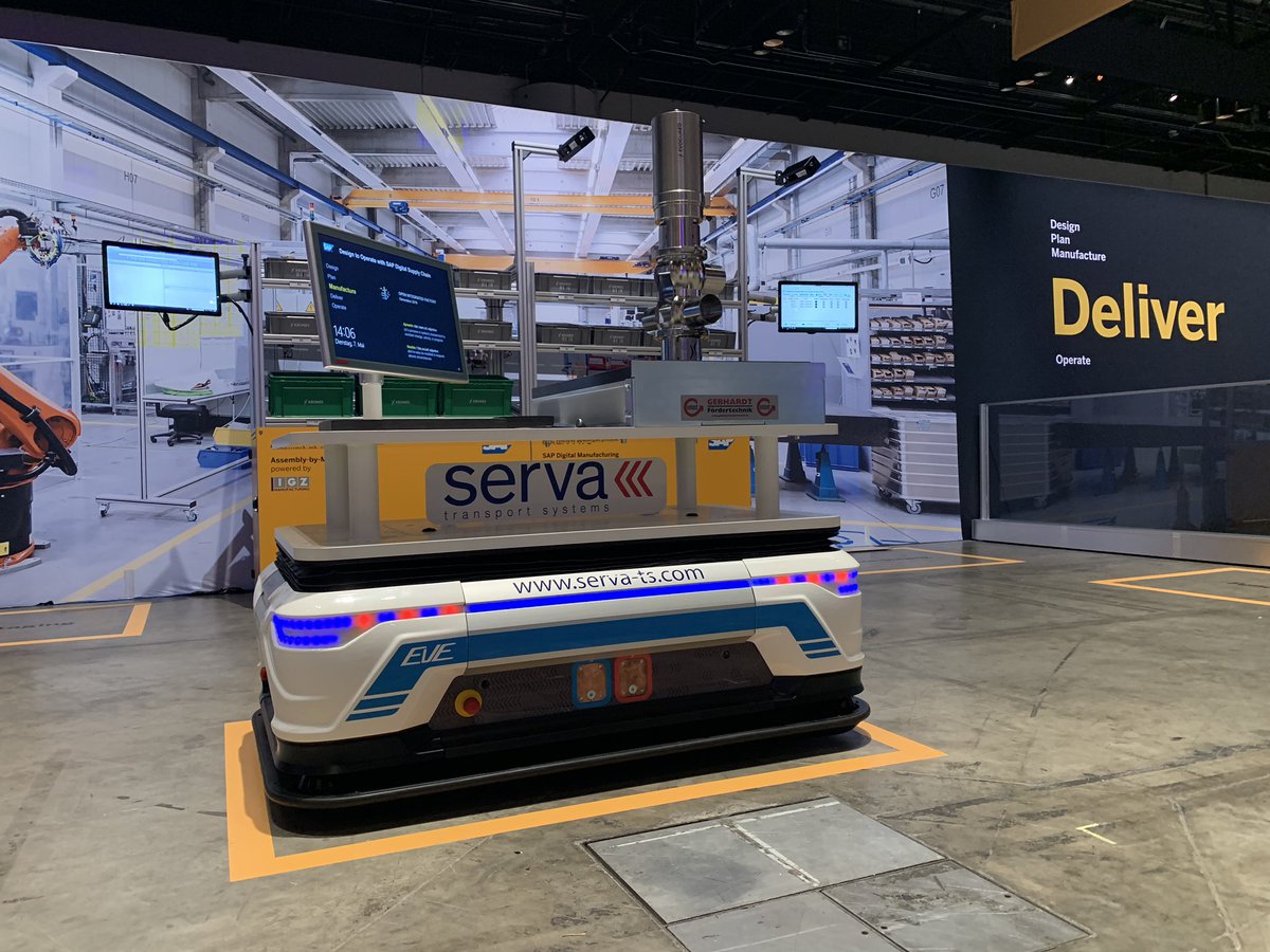 KaliszKarol's tweet photo. We are Ready to go! @SCMatSAP with showcase of #intelligentFactory at #SAPPHIRENOW - #Industry40 with AGVs from #ServaTS driving in real on stage! Visit us on Digital Supply Chain today! https://t.co/z1zHi3H7kL