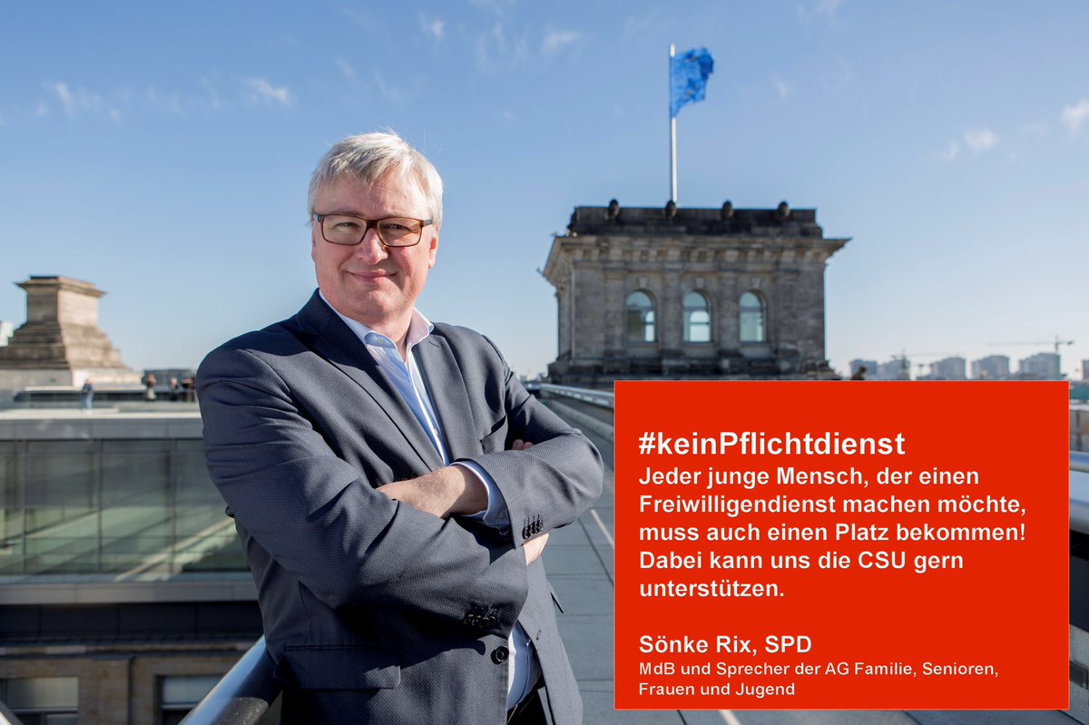 Besser als teure freiheitseinschränkende Pflichtdienste wären ausreichend viele u. gute Plätze für junge Freiwillige.
Wenn es der CSU wirklich um die Angebote für junge Menschen geht, sollte sie uns beim Ausbau der Freiwilligendienste unterstützen.<a href="/spdbt/">SPD-Fraktion im Bundestag</a>