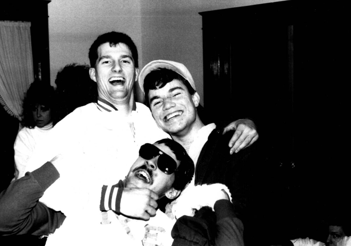 TKE_Fraternity's tweet photo. On This Day 1988: Rho-Psi (@tke_mu) at Millersville University was founded. 1987, Steve Myers, Randy Geouque, Scott Bailey at Greek House. https://t.co/xxPNbvAQwv