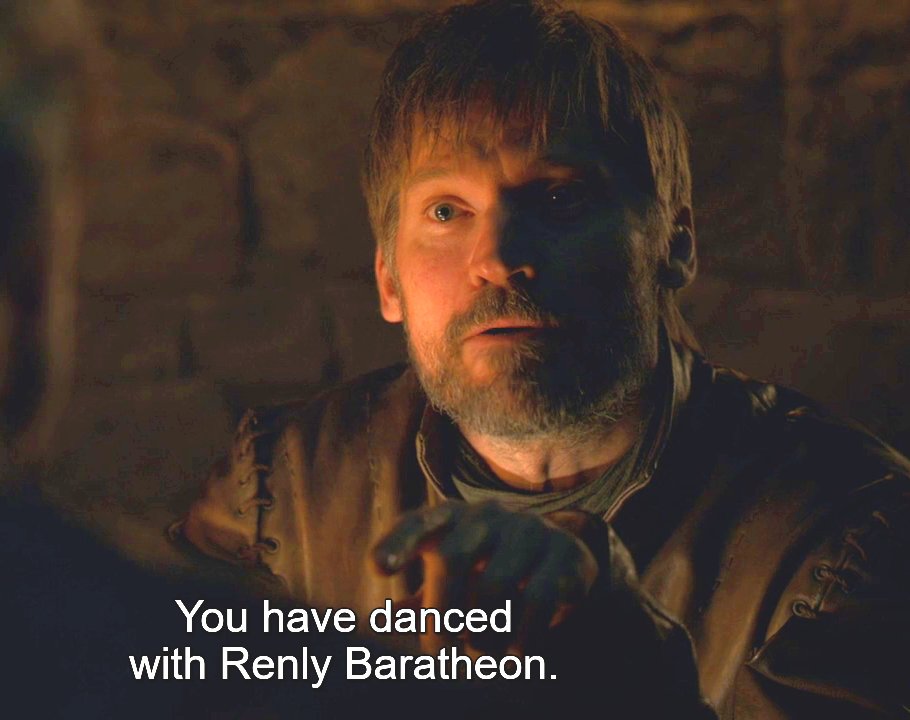  JAIME & BRIENNE Happy moments in episode 8x04A THREAD.PART 4. J: "You have danced with Renly Baratheon" B: *homicidal glance towards Pod*T: "Drink!" PS: I LOVE that Jaime and Pod talked about Brienne privately  #GameOfThrones #JaimeLannister #BrienneOfTarth