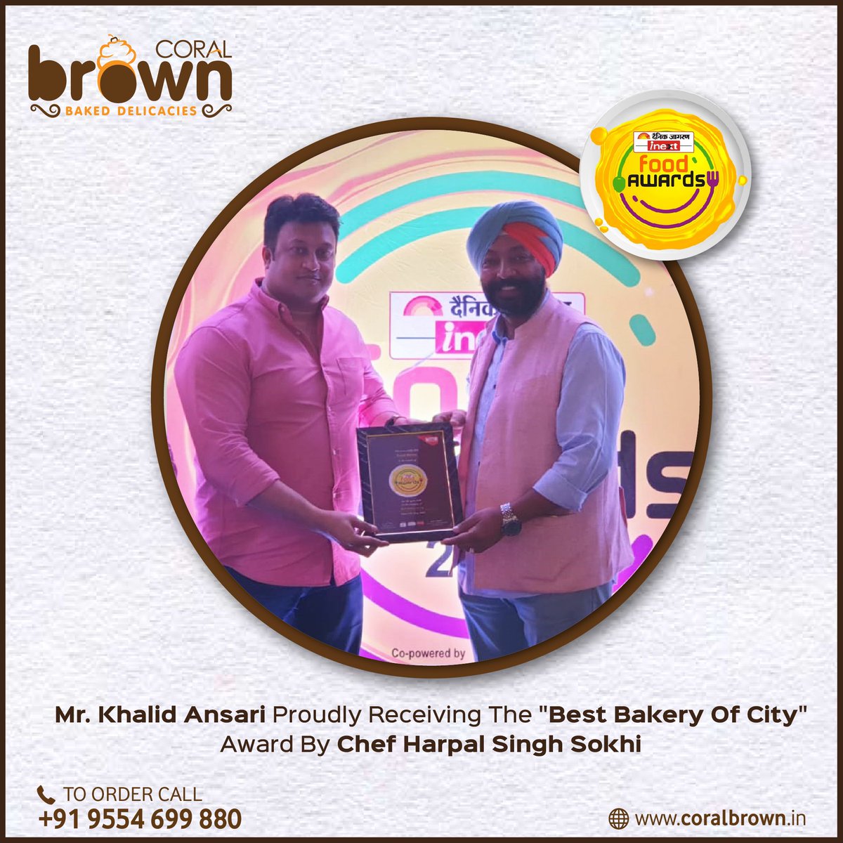 Mr. Khalid Ansari proudly receiving the 'Best Bakery of City' Award for Coral Brown by Chef Harpal Singh Sokhi in the Dainik Jagran i-next Food Awards 2019. 

To Order: +91 9554699880 

#Zomato: bit.ly/2Lrm9se 
#Swiggy: bit.ly/2LrwyDU 

#CoralBrown #coralgroup