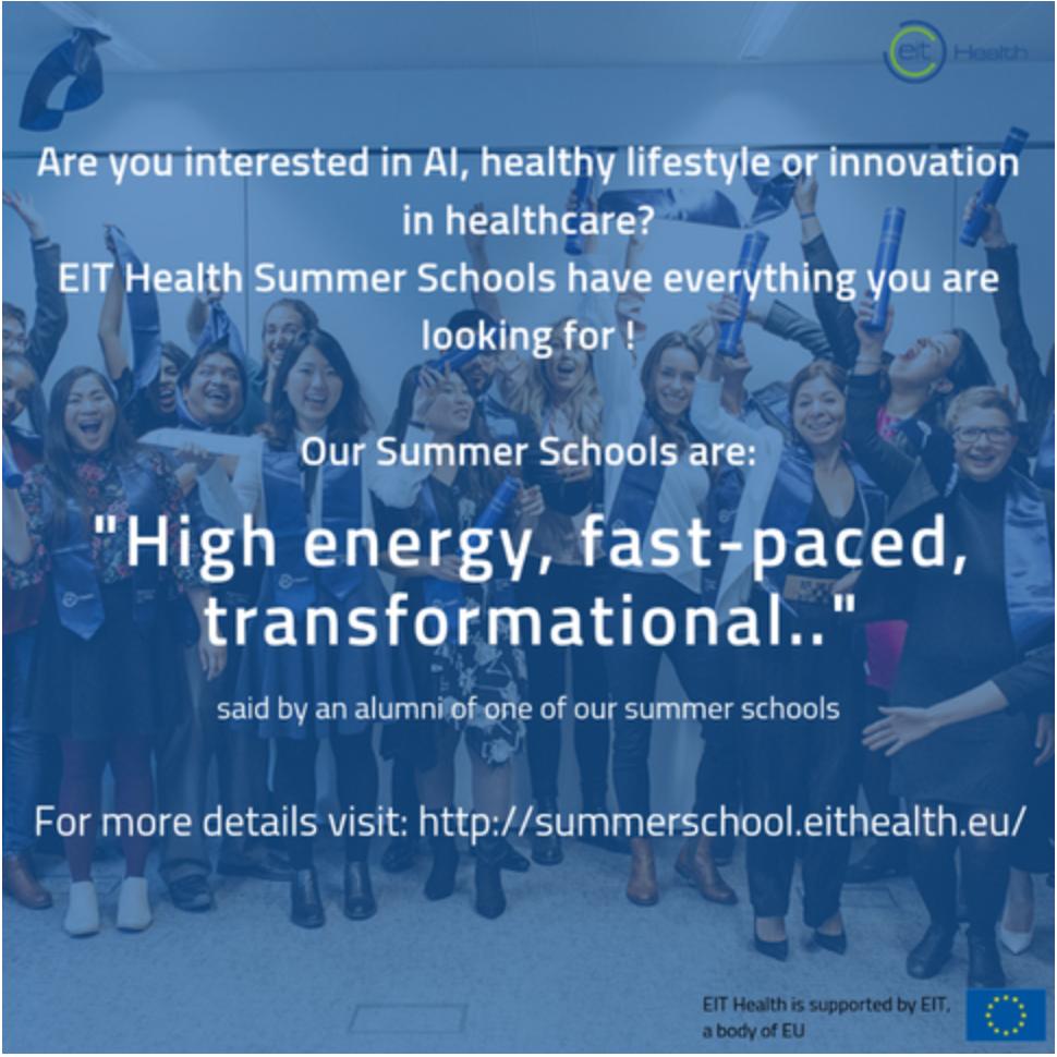hihh_inno's tweet photo. Learn today, to be ready for the future. Topics like integration of AI, Healthy lifestyles and Innovation in healthcare will be covered already in our Summer schools! Apply now, we have just a few places left! https://t.co/C2NeKBzRRR #EITHealth #EITHealthCampus https://t.co/hJpJAzt4hb