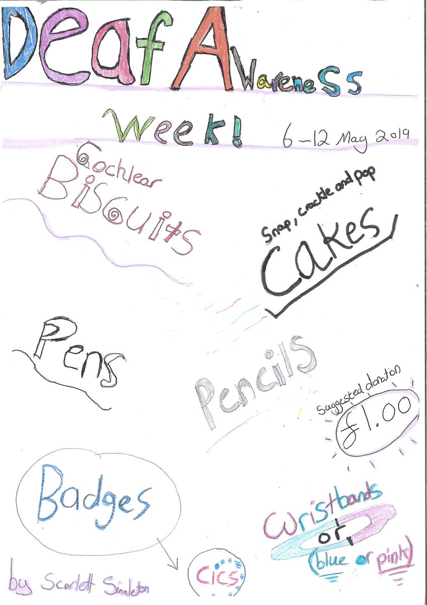 PriorySTC's tweet photo. A reminder that Year 7 pupil, Scarlett is raising money for https://t.co/7hzwnLVX6h Weds/Thur/Fri in support of #DeafAwarenessWeek2019.

Charity merchandise on sale and a bake sale on Friday.  

Every break and lunch in LEAP2. https://t.co/ZDWCLnGOKS