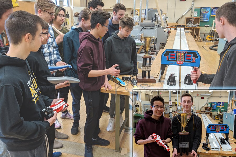 tech_swc's tweet image. Tech Design period 1 and 4 drag racing Co2 cars in the final. Congrats to team Dylan Vanleeuwen and Jeremy Tang for taking the Co2 cup with a .492 sec time.