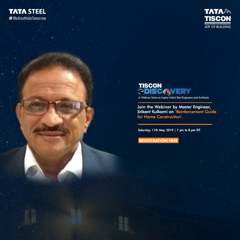 Tata Tiscon (@tatatisconworld) on Twitter photo Tata Tiscon e-Discovery brings you an exclusive chance to attend a webinar conducted by master engineer Srikant Kulkarni, on ‘Reinforcement Guide for Home Construction.’ Register for free on: bit.ly/2WqhU0N Tata Tiscon e-Discovery brings you an exclusive chance to attend a webinar conducted by master engineer Srikant Kulkarni, on ‘Reinforcement Guide for Home Construction.’ Register for free on: bit.ly/2WqhU0N