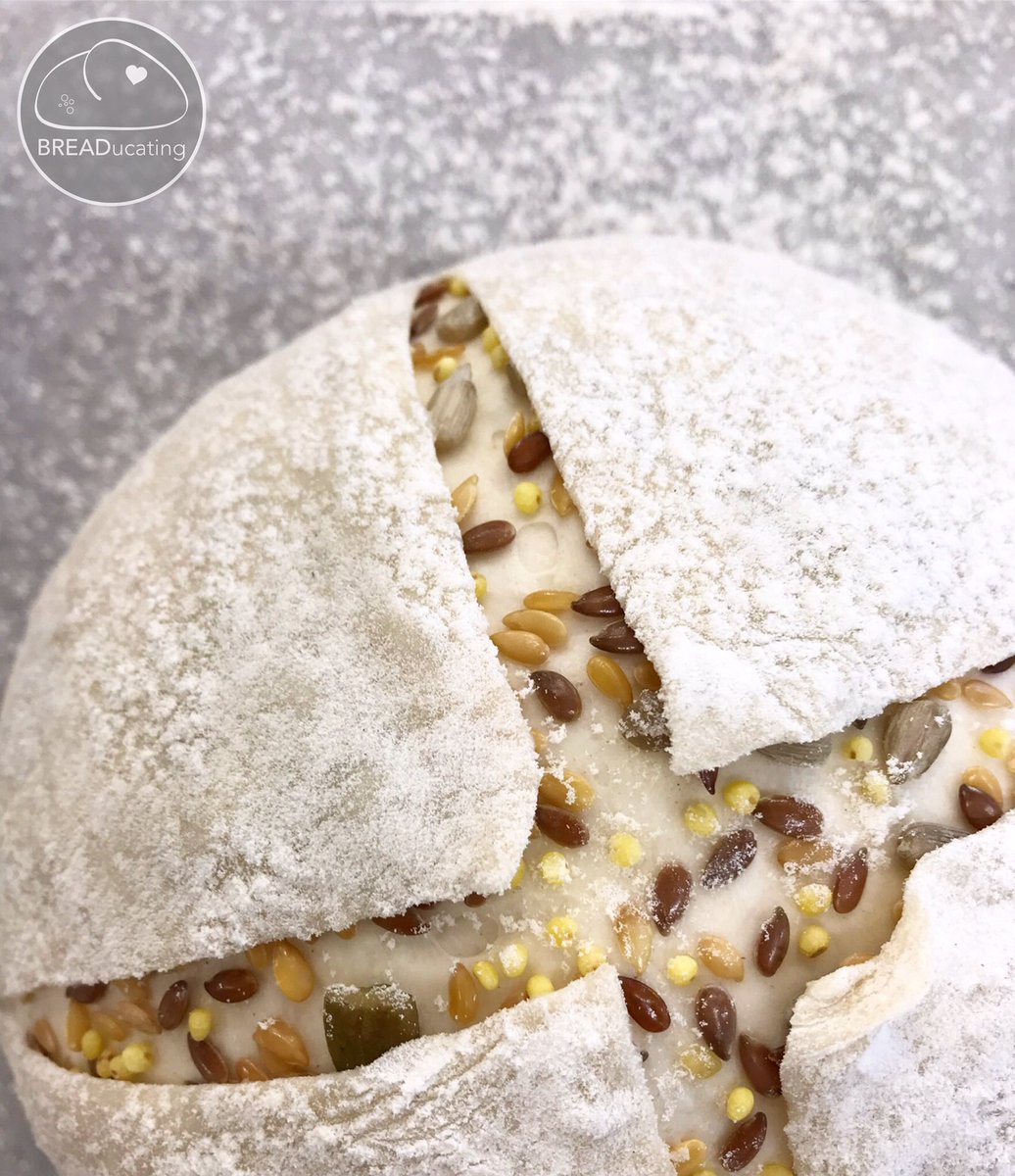 breaducating's tweet image. So experimenting today! Best part about baking 😀 nothing new... this is a bread made in Europe quite a lot, &amp;amp; easy to make as well! Round boule dipped in seeds and then covered with a thin layer of white dough. Proved and then cut prior to baking! #baking #bread #seeds
