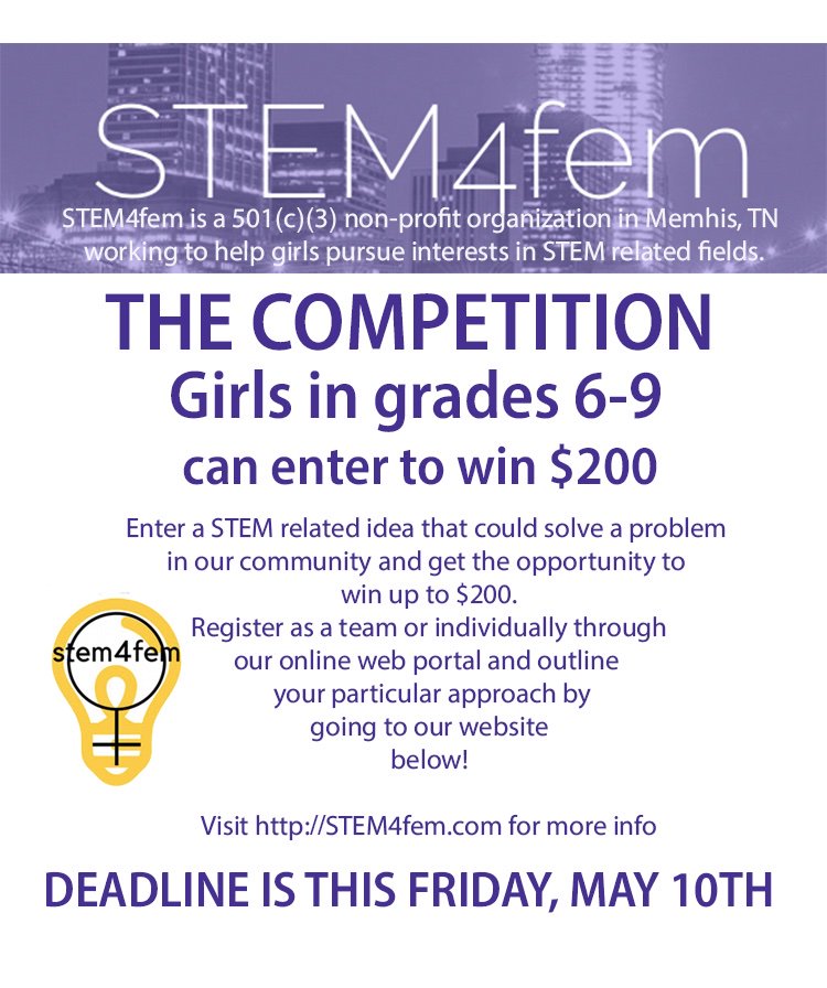 _CodeCrew's tweet photo. Hey all, we just learned of this awesome competition by @STEM4femMemphis - Girls in grades 6-9 can win $200 by entering STEM related ideas to solve common problems in our community. The deadline is THIS FRIDAY!

Spread the word! Share this! go to https://t.co/XAxUigZk8H https://t.co/x8ecn8OHrb