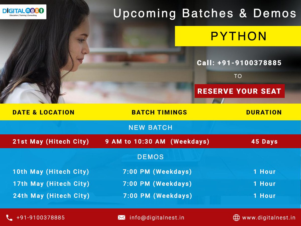 DigitalNestHyd's tweet image. Book Your Seat for upcoming demo session on #Python Course.
Those who are interested in learning #pythoncourse can take up the course or attend the demo session on the following dates as per your comfort.
Reserve Your Seat: bit.ly/2J9bEHU
#PythonTraininginHyderabad