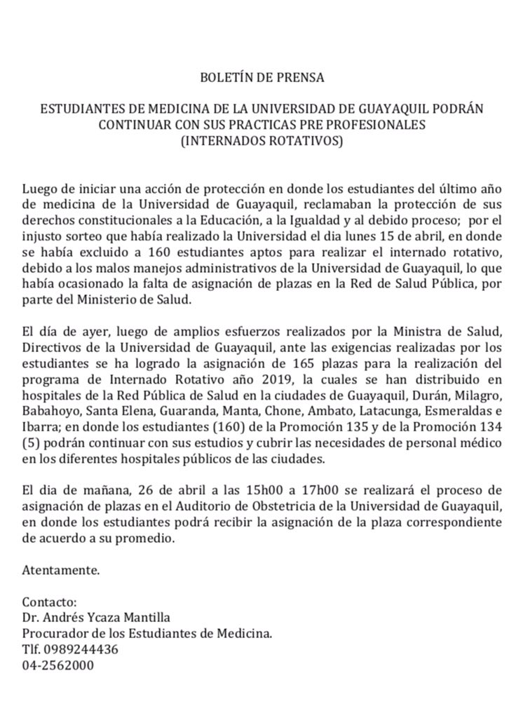 Vemos solución a la falta de 160 plazas de internados rotativos para estudiantes de último año de medicina <a href="/UdeGuayaquil/">Universidad de Guayaquil</a> Agradecemos a @MVEspinosaS por el esfuerzo realizado, estaremos atentos al sorteo a realizarse el día de mañana! Gracias <a href="/ecuavisa/">Ecuavisa</a> <a href="/RTSEcuador/">RTS</a> por la cobertura