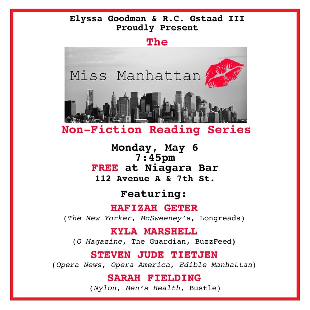 MissManhattanNY's tweet photo. Excited to welcome the lovely @sjtwrites to May's #MissMReading in addition to the stunning @RhetoricAndThis, @kylamarshell, and @sarahfielding_ ! See you on May 6! https://t.co/8r8PsVjYin