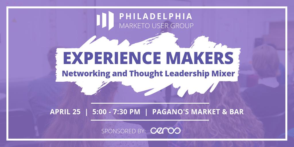 DemandLab's tweet photo. We're a few hour away from the #ExperienceMakers Mixer with the Philly MUG! The fun and learning kicks off at 5 PM at Pagano's Market & Bar in Center City Philadelphia. Will we see you there? RSVP now: https://t.co/xDgeNPmqoA.
#MarketoUserGroup #PMUG #MKTGNation https://t.co/EzN775jbCC