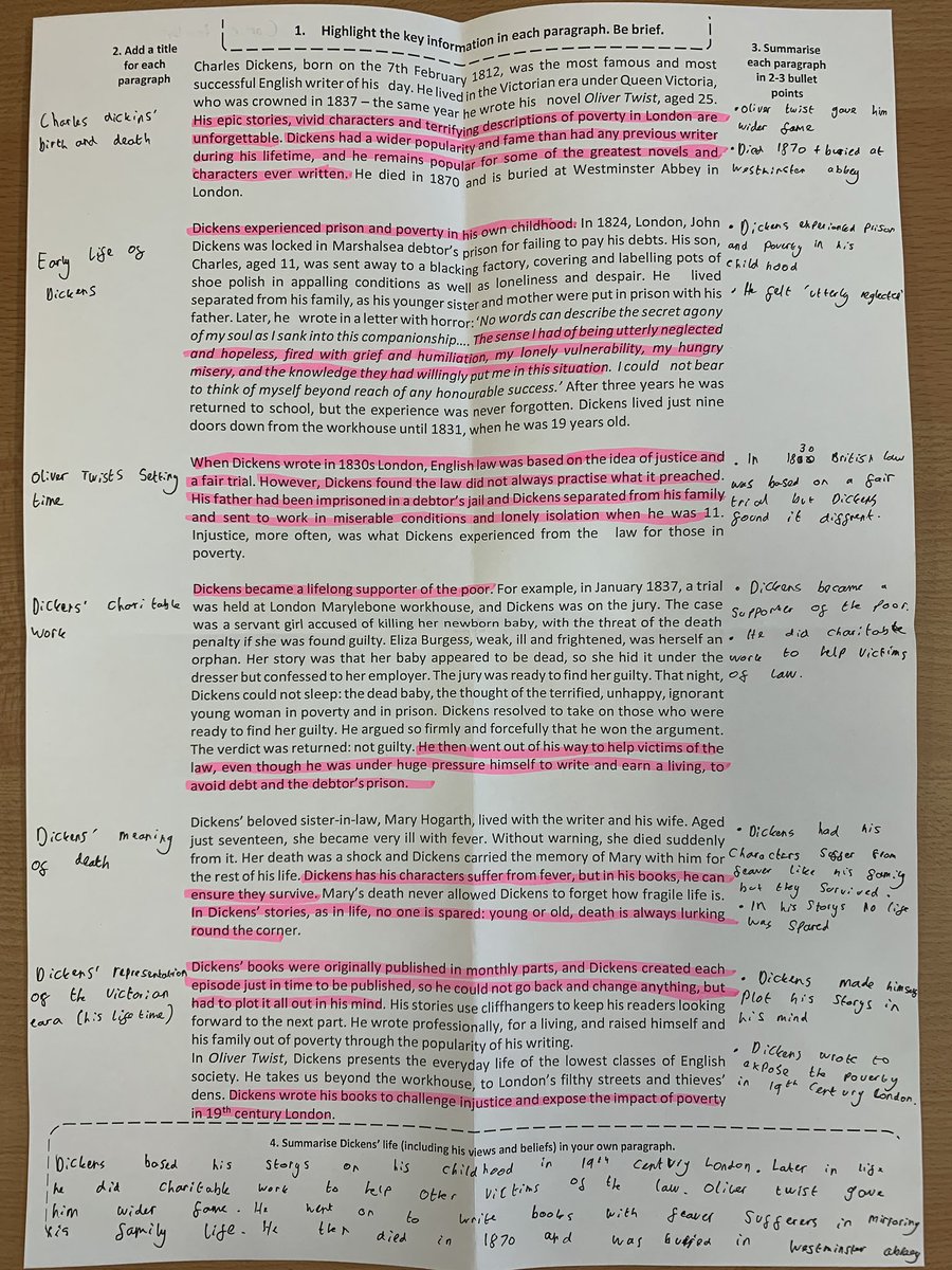 SPryke2's tweet image. Used @SPBeale’s method of guided reading today. Key information on context highlighted, titled, summarised and rewritten. A great way of helping students understand and access large chunks of text. @Team_English1