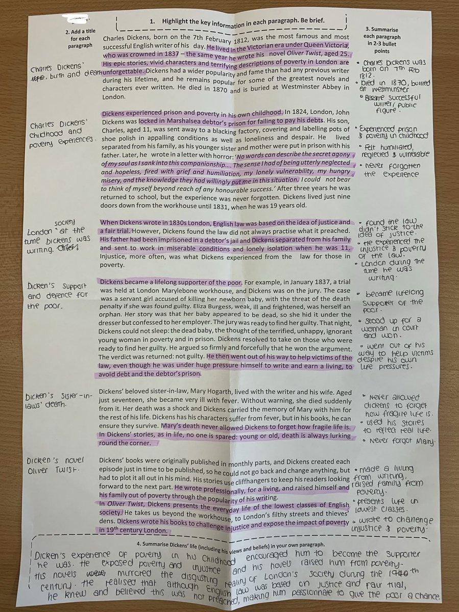 SPryke2's tweet image. Used @SPBeale’s method of guided reading today. Key information on context highlighted, titled, summarised and rewritten. A great way of helping students understand and access large chunks of text. @Team_English1