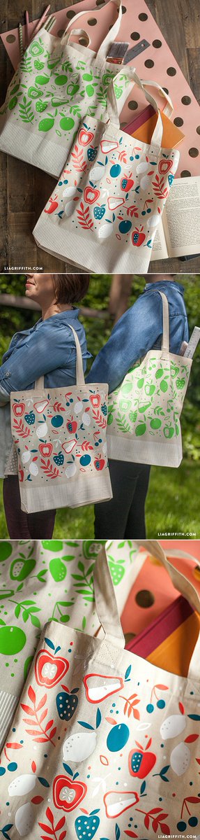 We designed this floral, fruity pattern with the teachers in mind – Teacher Appreciation Day is coming up early May – but it’s so lovely that we made a couple for ourselves as well. #DIYTotebags #Ironon #ThankATeacher at LiaGriffith.com liagriffith.com/tote-bag-desig…