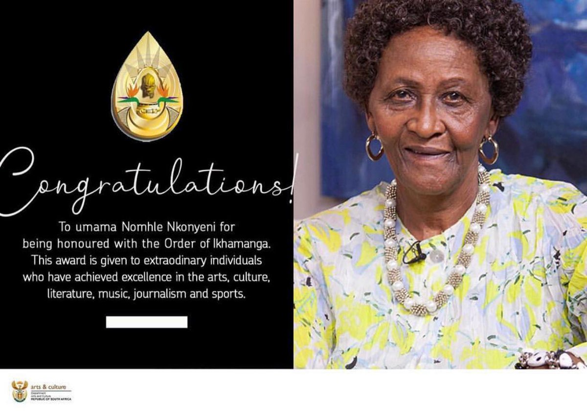 thebarMagazine's tweet photo. We salute uMam Nomhle Nkonyeni, a Legend Of Our Time for being awarded the Order of Ikhamanga. You have set the bar which we strive to live up to. https://t.co/Bl1MrzPmiE