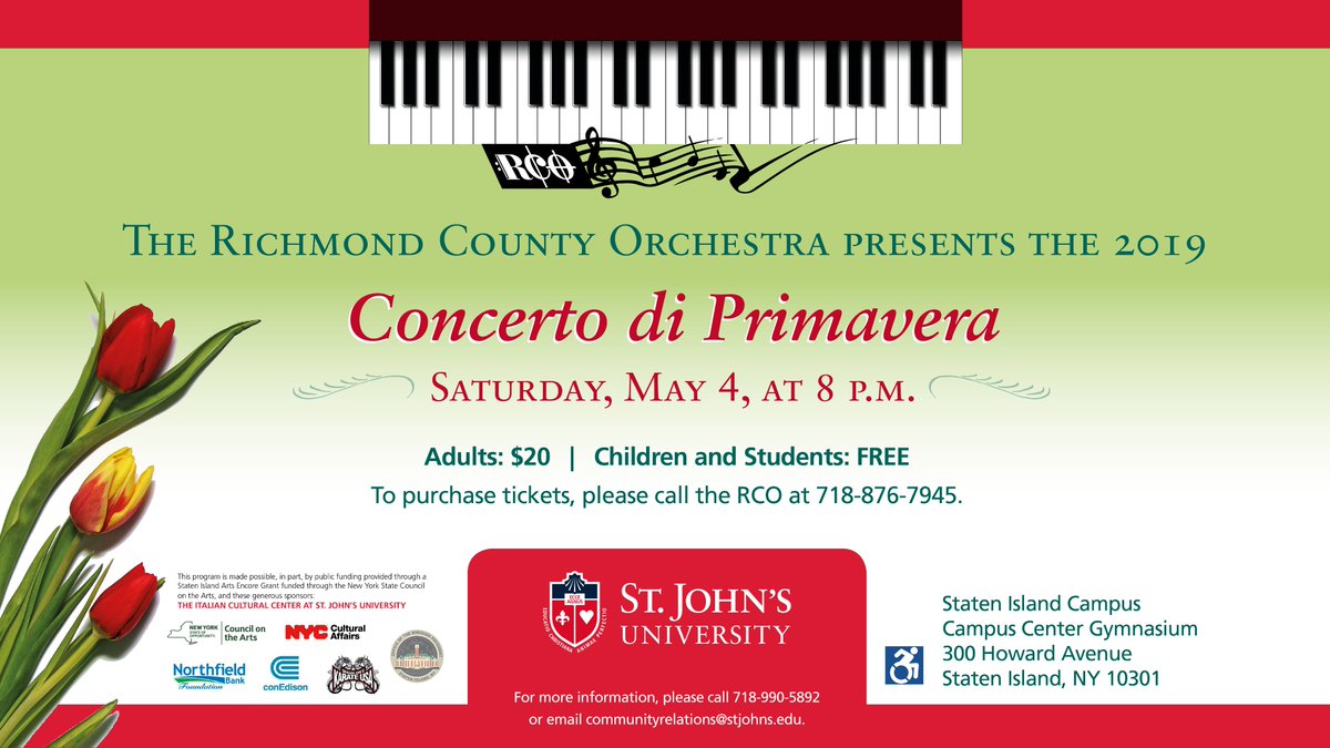 The 2019 Concerto di Primavera is on Sat., May 4 @ 8pm on the @sjusicampus (300 Howard Ave., SINY) 

Presented by the <a href="/RCOrchestra/">Richmond County Orchestra</a> selections will include classical masterpieces, Broadway hits, and music from the movies!
<a href="/StatenIslUSA/">Staten Island USA</a> <a href="/StatenArts/">Staten Island Arts</a>  <a href="/SIParent/">Staten Island Parent</a> <a href="/siadvance/">SIAdvance</a> @sichamber