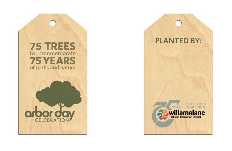 Willamalane's tweet image. We're celebrating #ArborDay by planting 75 trees in 10 parks! Volunteers will leave their mark on the trees they plant when they sign these tree tags. Thanks, @RexiusLandscape, for celebrating our 75th anniversary with us—we're excited to watch these trees grow! #SpringfieldProud