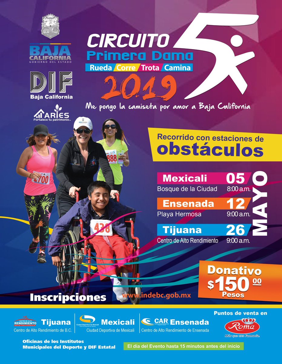#CircuitoPrimeraDama5K 2019
Durante el recorrido se contará con inflables, telarañas, obstáculos, escalada, juegos con agua, llantas, vigas de equilibrio, steps, tiro al blanco y espuma.
Me pongo la camiseta por amor a #BajaCalifornia. <a href="/GobiernoBC/">Gobierno de Baja California</a>  <a href="/RuachoBrenda/">Brenda Ruacho</a>