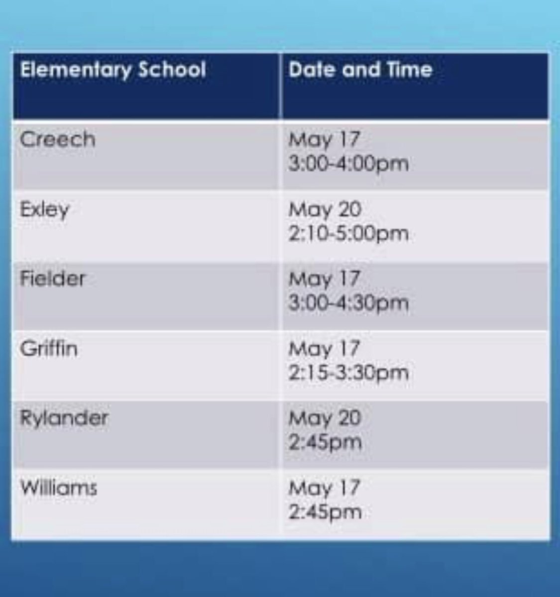CRHS Seniors: Here are the Clap Out dates for all feeder elementary schools! We are excited to celebrate you!! 🎉🎉🎉🎉🎉