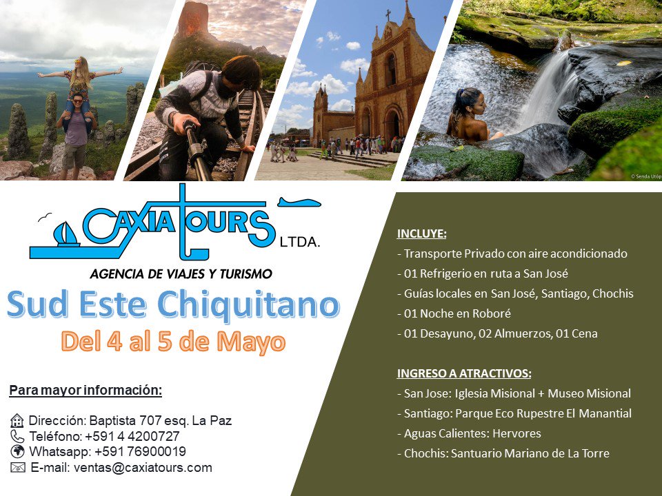 CAXIATOURS's tweet photo. Para mayor información:
🏠 Dirección: Baptista 707 esq. La Paz
📞 Teléfono: +591 4 4200727
🌍 Whatsapp: +591 76900019
📧 E-mail: ventas@caxiatours.com https://t.co/06Fc5gLKyq