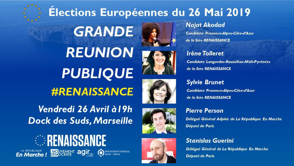Renaissance__13's tweet photo. Rendez-vous vendredi 26/4 à 19h aux Docks des Suds de #Marseille pour notre réunion publique  #Renaissance avec @syl_brunet , @StanGuerini @Pierr_Person @ITolleret et @najat_akodad 
#Europe #Renaissance #26maijevote https://t.co/VzimLD6sEQ